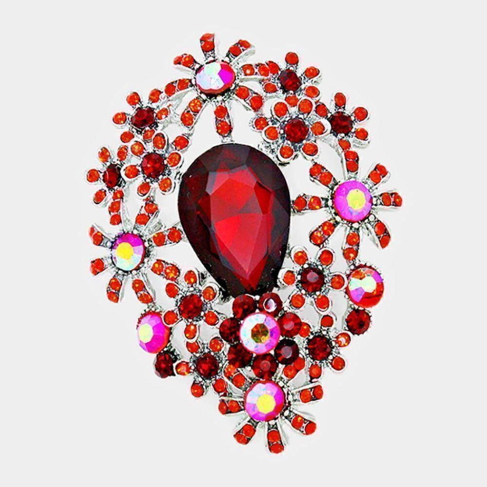 Flower Cluster Red Crystal Pin Brooch
